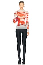 Jean Paul Gaultier Eyes And Lips Mesh Long Sleeve Printed Top in White, Red, & Light Orange, view 5, click to view large image.