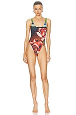 Jean Paul Gaultier Roses One Piece Swimsuit in Green, Red, & Blue, view 1, click to view large image.