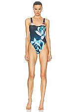 Jean Paul Gaultier Roses One Piece Swimsuit in Purple, Blue, & Pale Pink, view 1, click to view large image.
