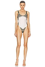 Jean Paul Gaultier Cartouche One Piece Swimsuit in Green, Ecru, Black, & Orange, view 1, click to view large image.