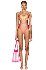 Jean Paul Gaultier Printed Morphing Stripes Swimsuit in Red & Orange, view 1, click to view large image.