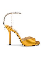 Jimmy Choo Saeda 100 Satin Sandal in Sunflower & Crystal, view 1, click to view large image.