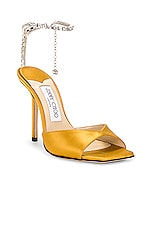 Jimmy Choo Saeda 100 Satin Sandal in Sunflower & Crystal, view 2, click to view large image.