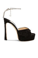 Jimmy Choo Saeda 125 Suede Sandal in Black & Crystal, view 1, click to view large image.