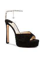 Jimmy Choo Saeda 125 Suede Sandal in Black & Crystal, view 2, click to view large image.