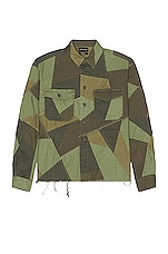 JOHN ELLIOTT Patchwork Military Shirt in Olive, view 1, click to view large image.