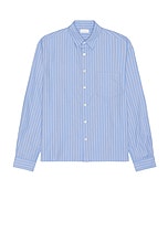 JOHN ELLIOTT Stripe Poplin Long Sleeve Hemi in Blue & Black, view 1, click to view large image.