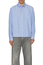 JOHN ELLIOTT Stripe Poplin Long Sleeve Hemi in Blue & Black, view 4, click to view large image.