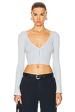 JOHN ELLIOTT Piper Silk Rib Cropped Cardigan in Sky, view 1, click to view large image.