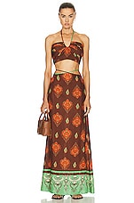 Johanna Ortiz Guardian Of Wisdom Maxi Skirt &amp; Crop Top Set in Green & Brown, view 1, click to view large image.