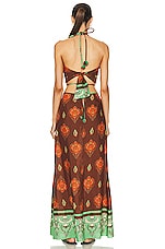 Johanna Ortiz Guardian Of Wisdom Maxi Skirt &amp; Crop Top Set in Green & Brown, view 3, click to view large image.