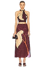 Johanna Ortiz Symphony Of Leaves Ankle Skirt in Florals Hibiscus Wine, view 4, click to view large image.