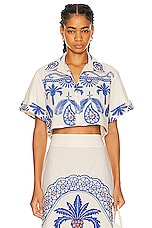 Johanna Ortiz Manyattas Shirt in Tropical Embroidery Ecru & Blue, view 1, click to view large image.