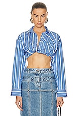 JACQUEMUS La Chemise Bahia Courte Top in Blue Stripes, view 1, click to view large image.