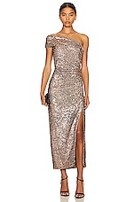 SIMKHAI Zay Hammered Sequin Draped Bustier Midi Dress in Latte, view 1, click to view large image.