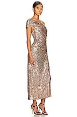 SIMKHAI Zay Hammered Sequin Draped Bustier Midi Dress in Latte, view 2, click to view large image.