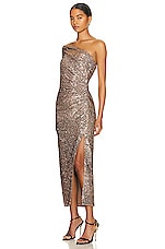 SIMKHAI Zay Hammered Sequin Draped Bustier Midi Dress in Latte, view 3, click to view large image.