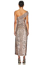 SIMKHAI Zay Hammered Sequin Draped Bustier Midi Dress in Latte, view 4, click to view large image.