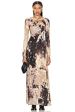 SIMKHAI Etta Long Sleeve Gown in Macadamia Rock Crystal Print, view 1, click to view large image.