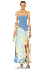 SIMKHAI Kory Bustier Combo Midi Dress in Marina Blue Print, view 1, click to view large image.