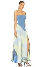 SIMKHAI Kory Bustier Combo Midi Dress in Marina Blue Print, view 3, click to view large image.