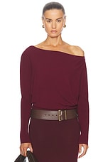 SIMKHAI Lavina Draped Off Shoulder Sweater in Oxblood, view 1, click to view large image.