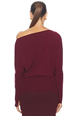 SIMKHAI Lavina Draped Off Shoulder Sweater in Oxblood, view 3, click to view large image.