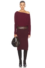 SIMKHAI Lavina Draped Off Shoulder Sweater in Oxblood, view 4, click to view large image.