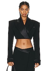 SIMKHAI Clare Cropped Satin Combo Blazer in Black, view 1, click to view large image.