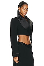 SIMKHAI Clare Cropped Satin Combo Blazer in Black, view 2, click to view large image.