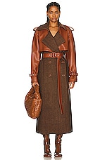 SIMKHAI Doni Faux Leather Combo Trench Coat in Beige Herringbone Multi, view 1, click to view large image.