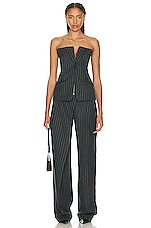 SIMKHAI Tayler Overlap Wide Leg Trouser in Grey Pinstripe, view 5, click to view large image.