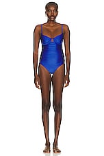 SIMKHAI Laine Ruched Cup Underwire Swimsuit in Lapis Blue, view 1, click to view large image.