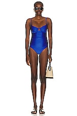 SIMKHAI Laine Ruched Cup Underwire Swimsuit in Lapis Blue, view 4, click to view large image.