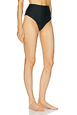 SIMKHAI Teya High Waisted Ruched Bikini Bottom in Black, view 2, click to view large image.