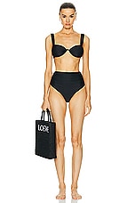 SIMKHAI Teya High Waisted Ruched Bikini Bottom in Black, view 4, click to view large image.