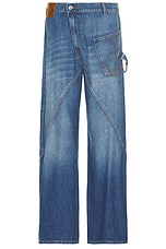 JW Anderson Twisted Workwear Jeans in Light Blue, view 1, click to view large image.