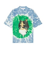 JW Anderson Cat Print Tie Dye Polo Shirt in Bright Blue & Bright Olive, view 1, click to view large image.