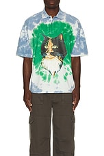 JW Anderson Cat Print Tie Dye Polo Shirt in Bright Blue & Bright Olive, view 4, click to view large image.