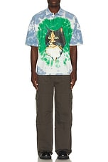 JW Anderson Cat Print Tie Dye Polo Shirt in Bright Blue & Bright Olive, view 5, click to view large image.