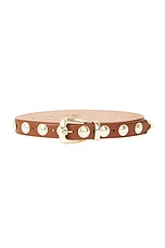 KHAITE Benny Gold Buckle Stud 30mm Belt in Tan, view 1, click to view large image.
