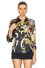 L'AGENCE Dani 3/4 Sleeve Shirt in Olive Multi Abstract, view 1, click to view large image.