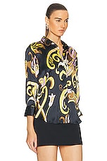 L'AGENCE Dani 3/4 Sleeve Shirt in Olive Multi Abstract, view 2, click to view large image.