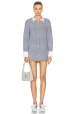 L'AGENCE Malia Cont Collar Tunic Shirt in Midnight & White Stripe, view 1, click to view large image.
