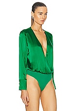 L'AGENCE Blaze Plunge Bodysuit in Sea Green, view 3, click to view large image.