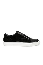 Lanvin Suede And Nappa Captoe Low Top Sneaker in Black, view 1, click to view large image.