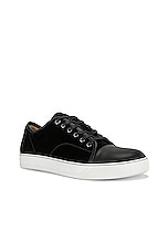 Lanvin Suede And Nappa Captoe Low Top Sneaker in Black, view 2, click to view large image.