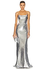 LaQuan Smith Sequin Backless Gown in Silver, view 1, click to view large image.