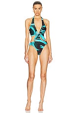 Louisa Ballou Buckle One Piece Swimsuit in Turquoise Flower, view 1, click to view large image.