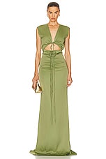 Lapointe Stretch Satin Shirred V Neck Maxi Dress in Olive, view 1, click to view large image.